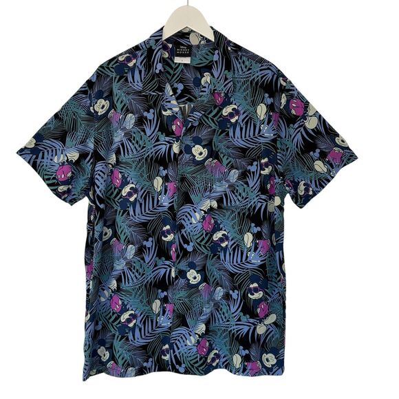DISNEY Mickey Mouse Rayon Hawaiin Shirt Tropical Party Short Sleeve Black Large - Picture 2 of 8